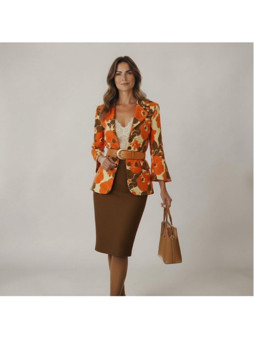 Size 14 KASPER 100% silk Orange/Red Brown Floral Blazer & Skirt Set business